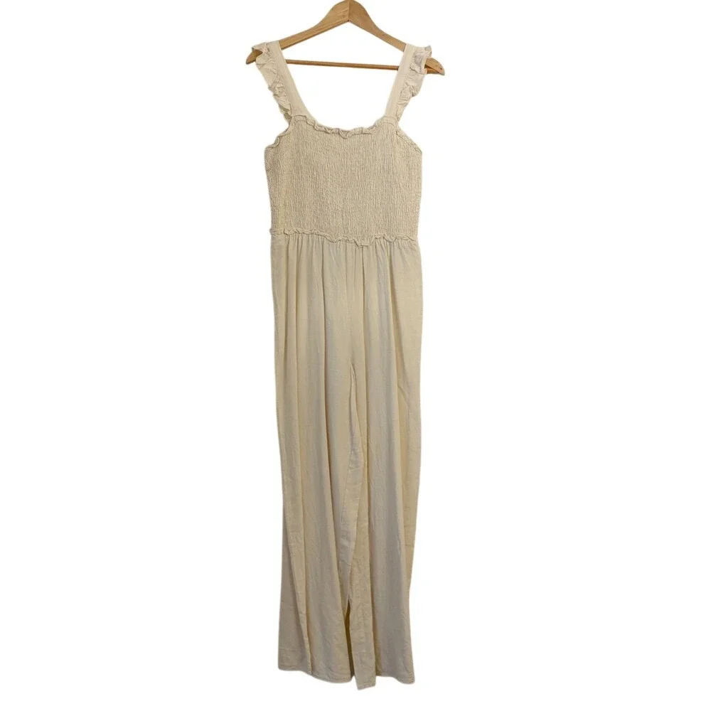 H&M Linen Blend Smocked Jumpsuit Small Wide Leg Beachy Coastal Minimalist‎ Beige